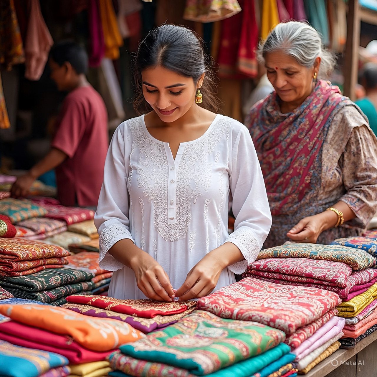 Shopping for Chikankari kurtis in tredictinal market